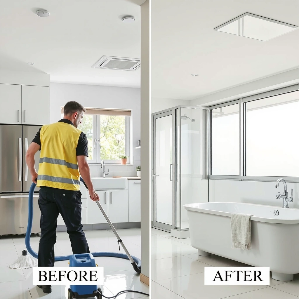 Deep cleaning service showing thorough kitchen and bathroom cleaning