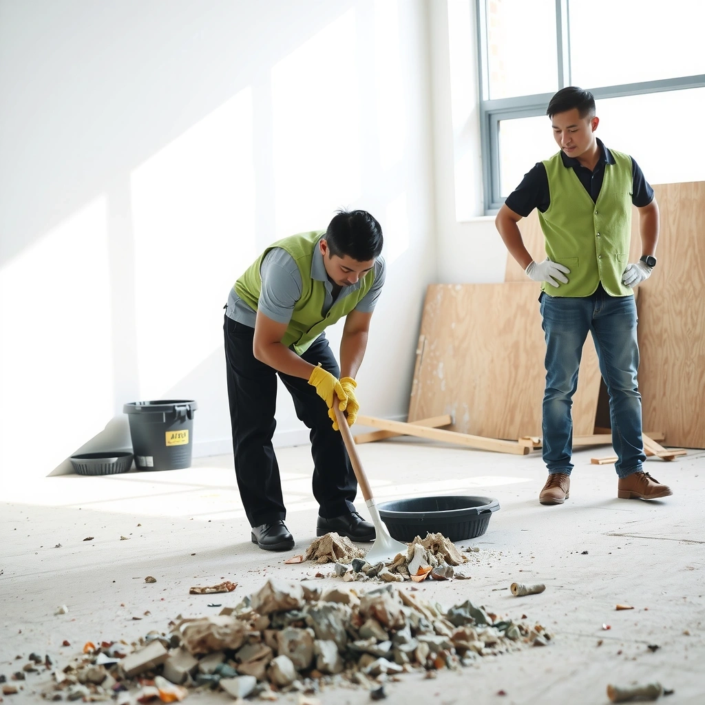 Post-construction cleanup service removing debris and dust